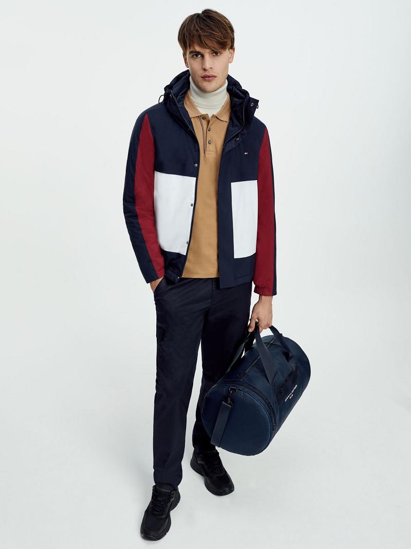 Férfi Tommy Hilfiger Recycled hooded colorblock Kabát Sötétkék Piros Fehér | HU 1199PJJ